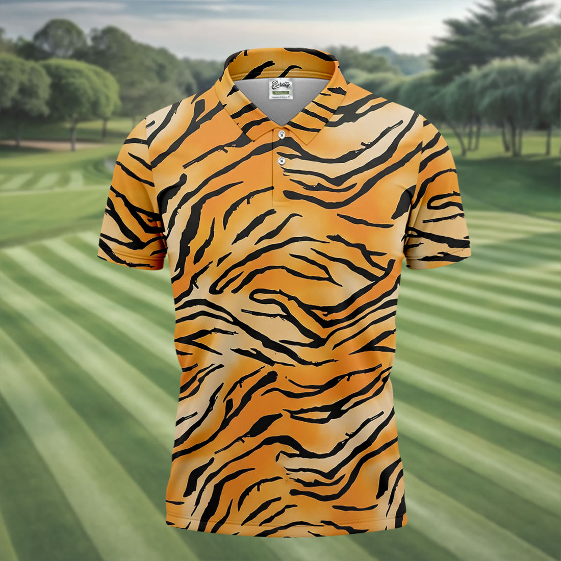 Tiger Stripe Pattern Hawaiian Golf Shirt, Men's Funny Golf Shirts, Golf Shirts For Men