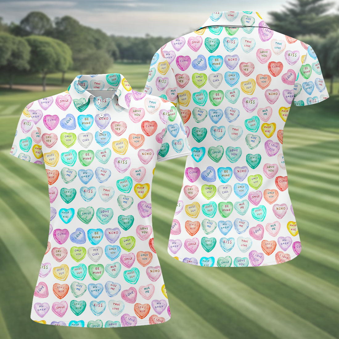 Sweet Words Watercolor Heart Women Golf Top, Valentines Golf Gift, Ladies Golf Polos