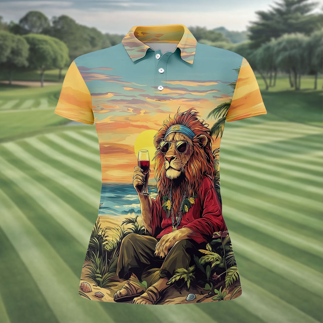 Tropical Lion Sunset Teal Hawaiian Golf Polo, Golf Tops For Women, Golfing Apparel