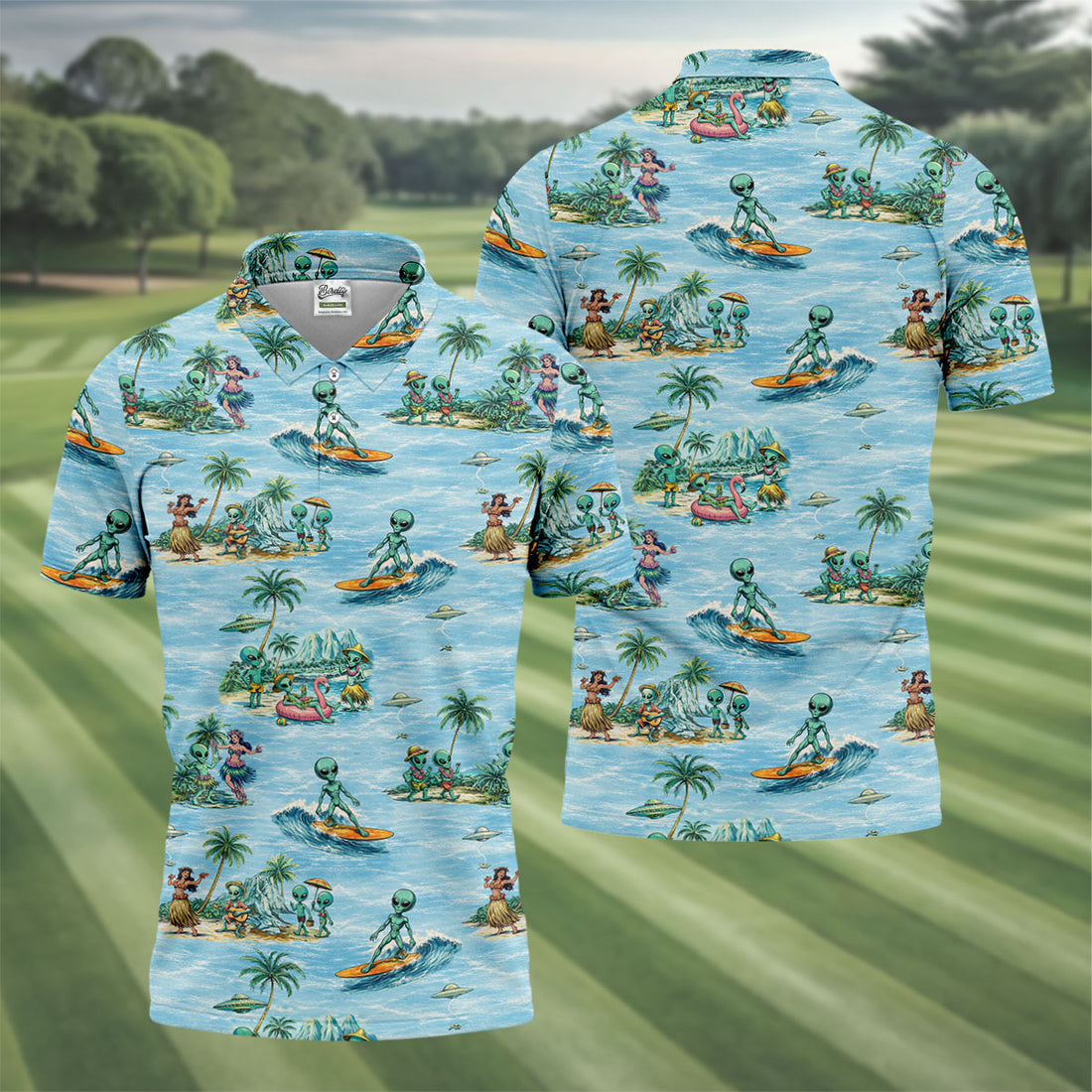 Green Alien Riding Waves on Tropical Island Beach Hawaiian Golf Polo, Golf Tops For Men, Golfing Apparel