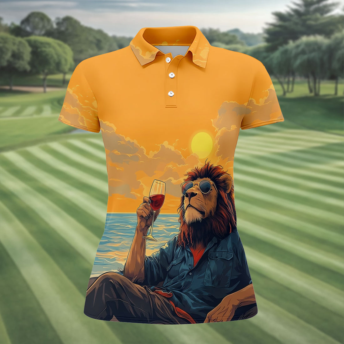 Lion Gentleman Sunset Reserve Hawaiian Golf Shirt, Women's Golf Tops, Ladies Golf Shirts