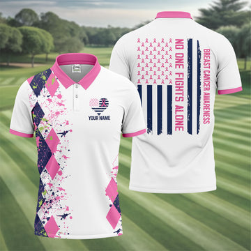 Custom No One Fights Alone Breast Cancer Shirt, Golf Polo Shirts For Men, Mens Golf Shirts