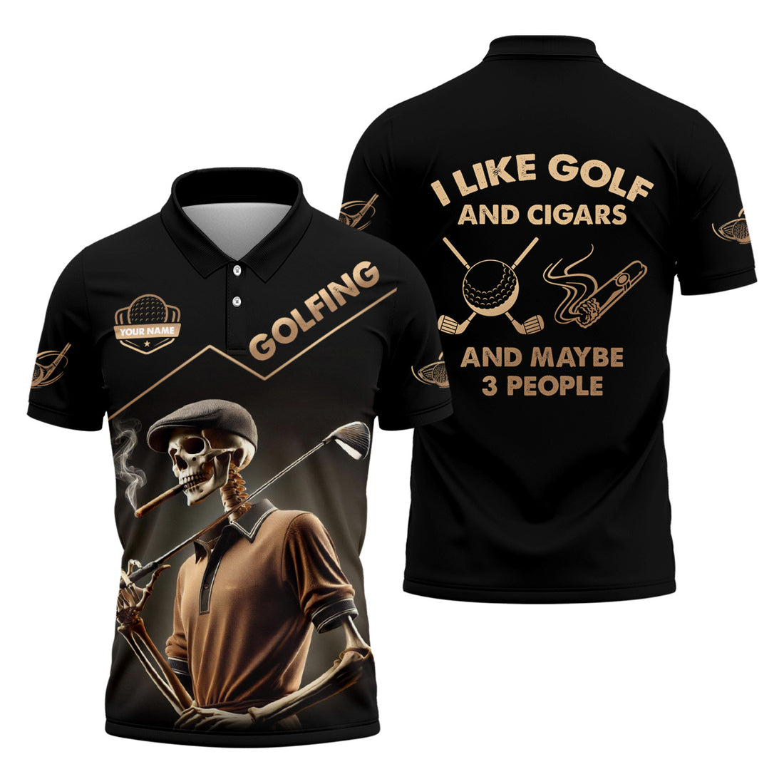I Like Golf And Cigars And Maybe 3 People Custom Funny Skull Golf Polo Shirt, Dad Golf Gift