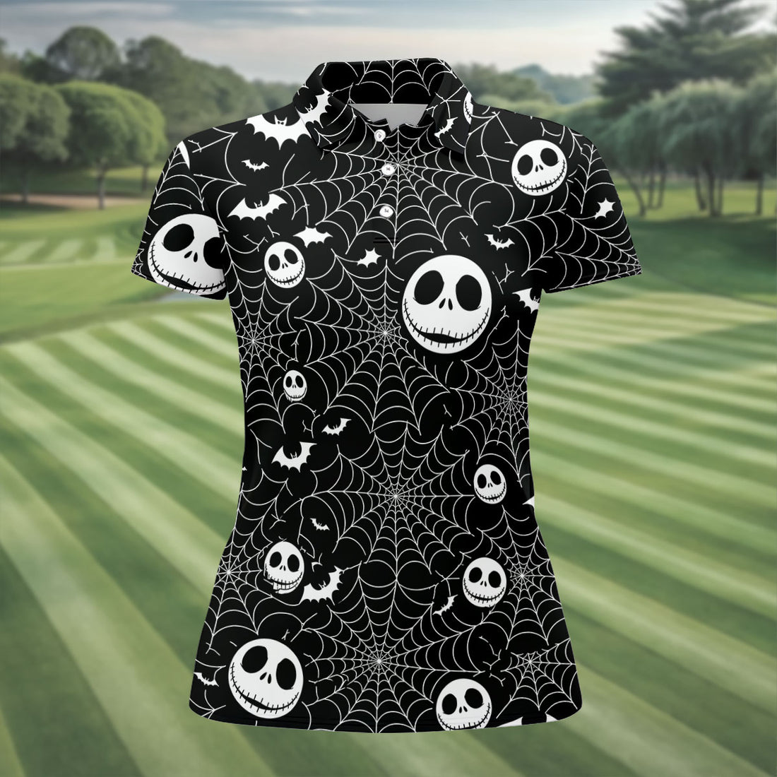 Black Horror Character Spider Web Pattern Halloween Shirt, Women's Golf Polo, Ladies Golf Shirts