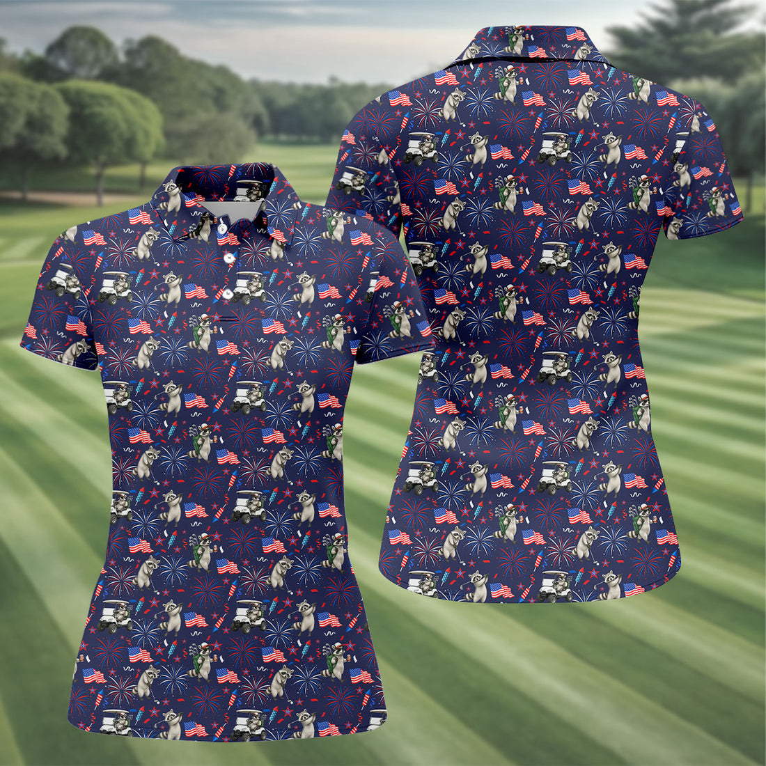 Golfing Raccoon Fireworks Women's 250 Years USA Patriotic Golf Shirt, 4th of July Golf Shirt