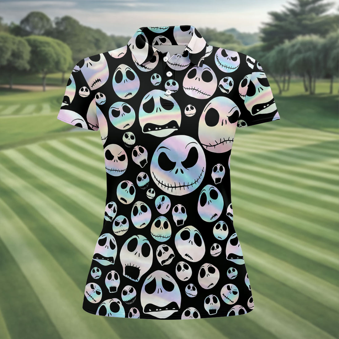 Black Horror Character Skull Face Halloween Polo Shirt, Ladies Golf Shirts, Womens Golf Tops
