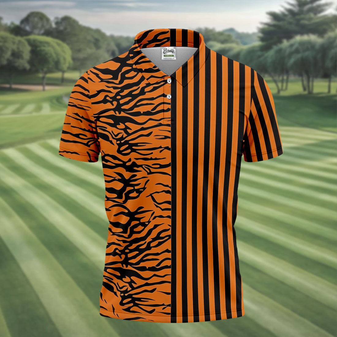 Orange Tiger Stripe Split Pattern Golf Shirt, Mens Golf Polo, Golf Apparel For Men, Golf Polo Shirts For Men