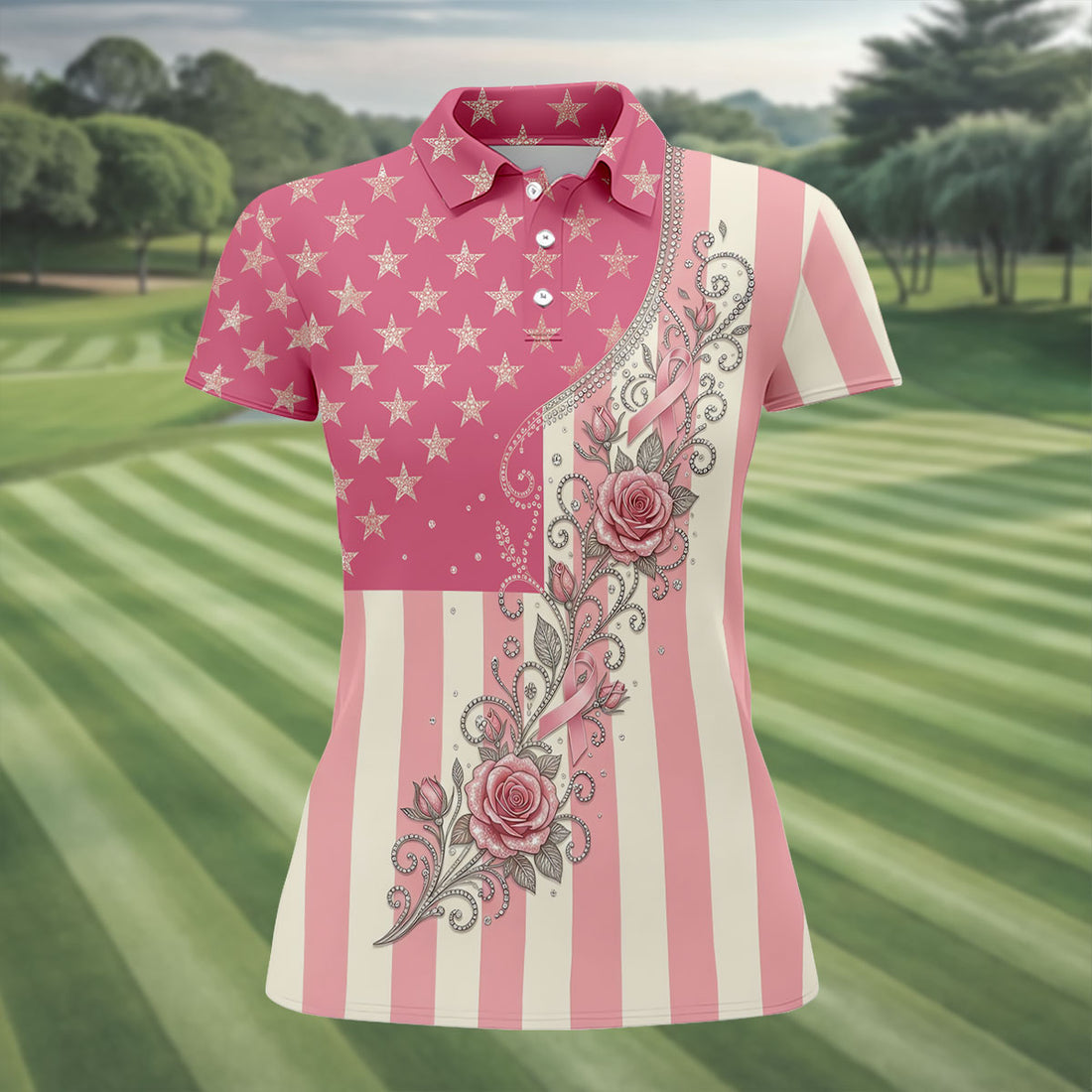 Pink Stars Stripes Rose Breast Cancer Polo Shirt, Women’s Golf Polo, Ladies Golf Shirts