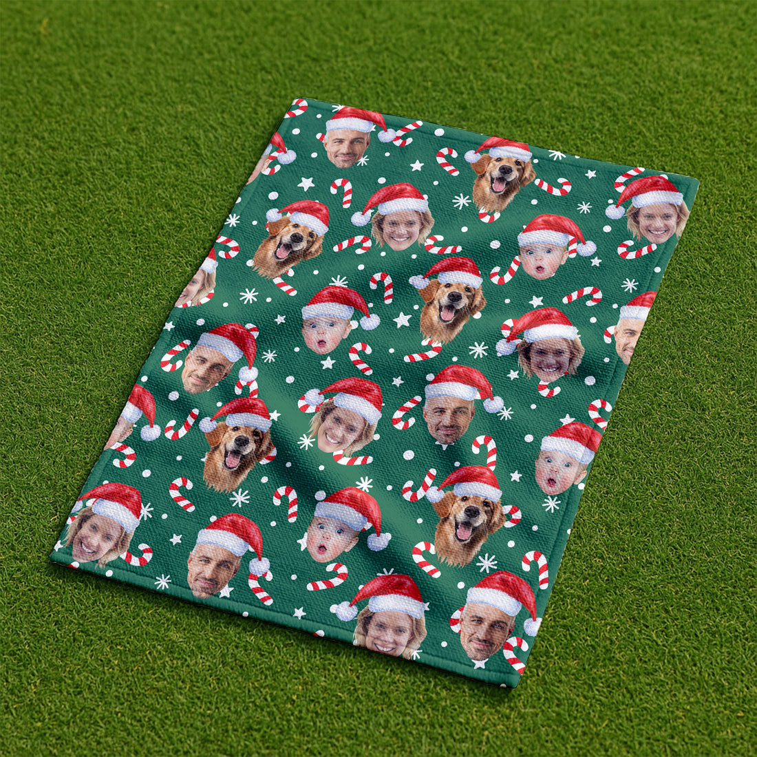 Custom Face Candy Cane Pattern Green Golf Towel, Christmas Golf Gift, Christmas Golf Gift