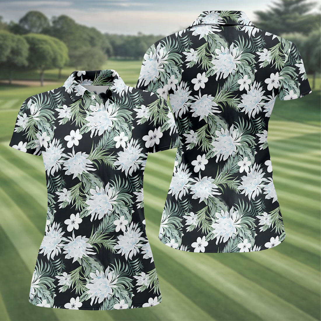 White Flower Tropical Hawaiian Vibe Women's Golf Shirts, Women's Golf Tops, Ladies Golf Shirts
