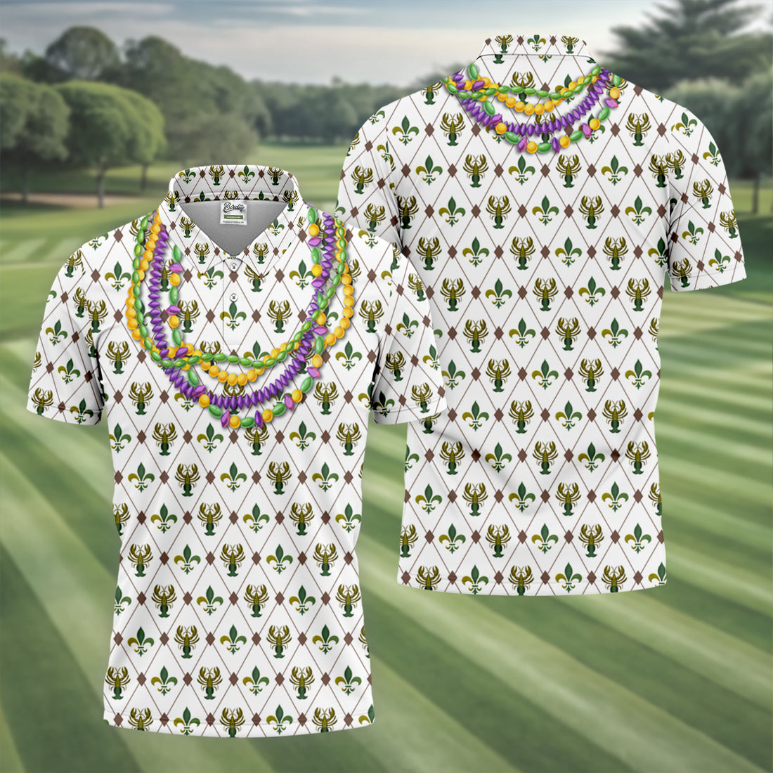 Mardi Gras Purple Green Gold Beads Chain Fleur De Lis Argyle Pattern White Golf Shirt, Men's Golf Polo Shirts