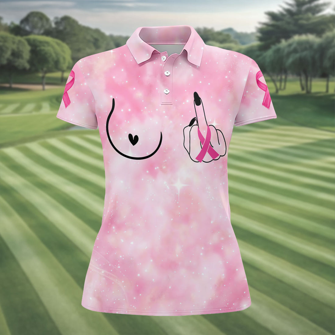 Pink Ribbon Middle Finger Breast Cancer Polo Shirt, Ladies Golf Shirt, Women's Golf Tops