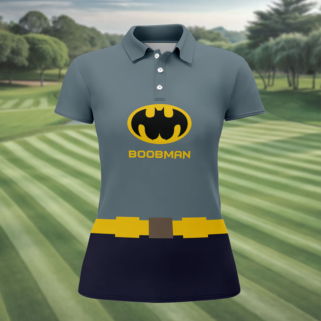 Boobman Comic Hero Logo Sleeveless Golf Shirt, Women's Golf Shirt, Golf Polo For Women, Funny Golf Shirt
