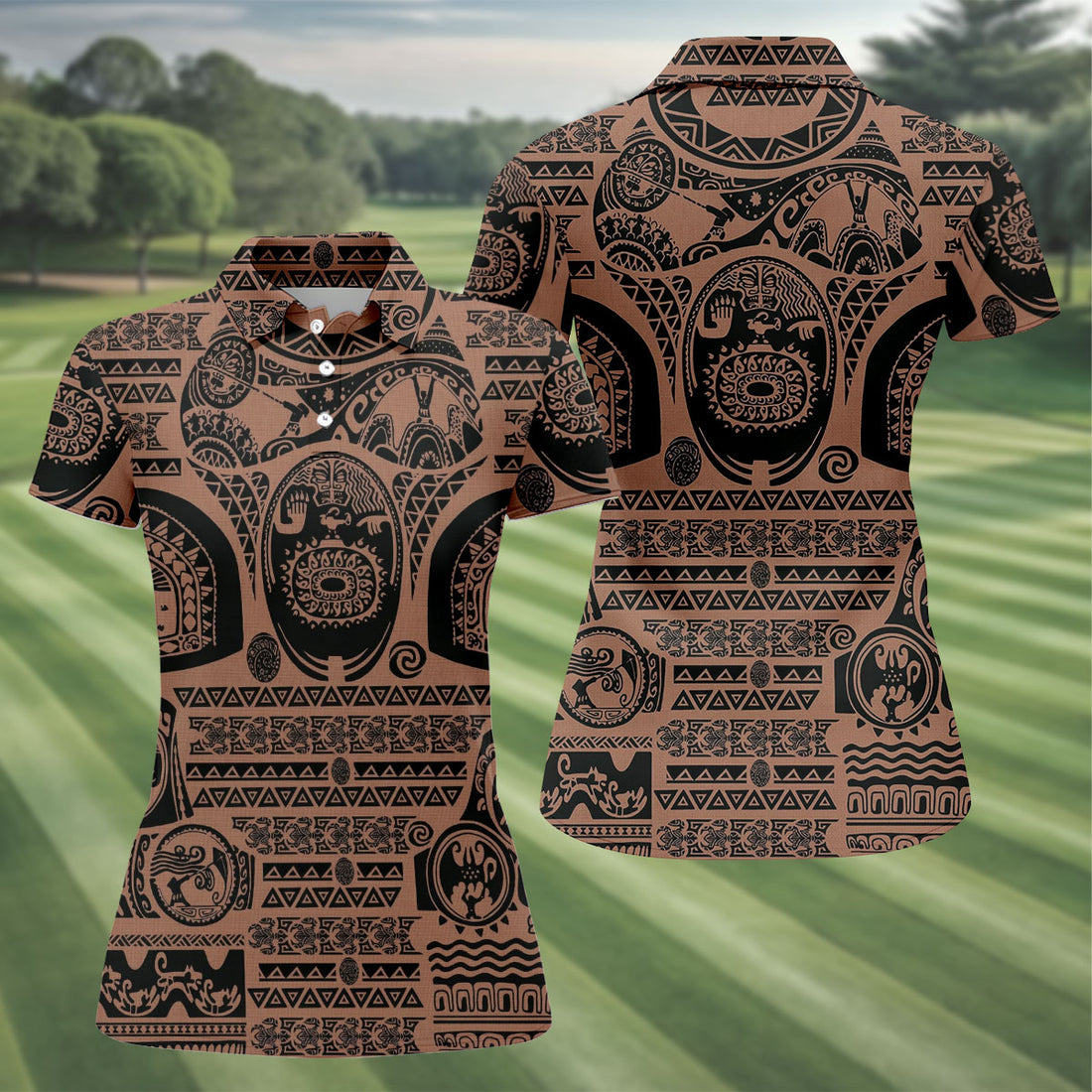 Maori Tattoo Pattern with Traditional Tiki Mask Hawaiian Golf Polo, Golf Tops For Women, Golfing Apparel