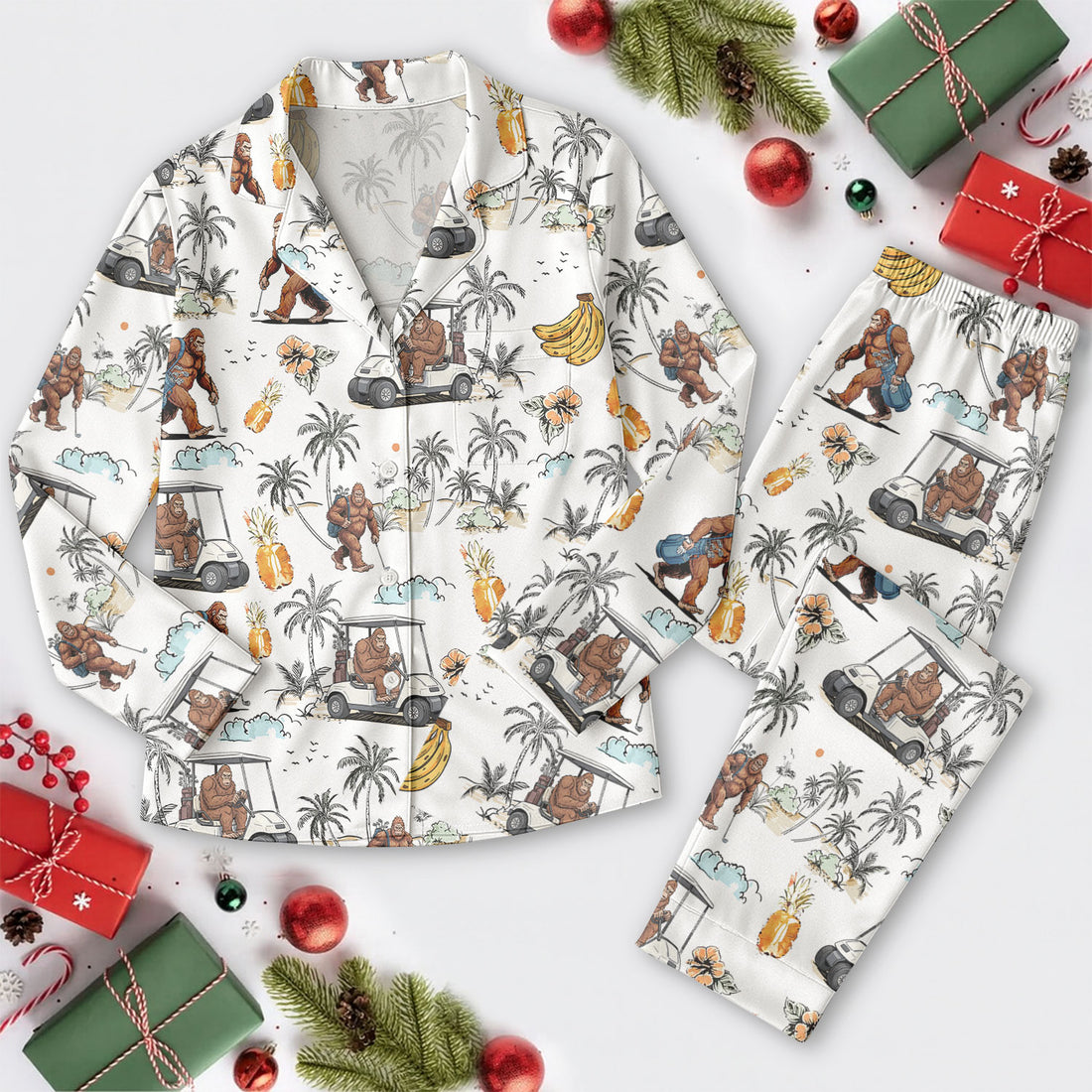 Funny Bigfoot Tropical Pajama, White Satin Pajama, Long Sleeve Pajama Set, Fun Pajama Sets