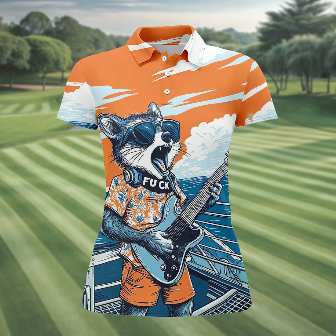 Rockstar Raccoon Ocean Vibes Hawaiian Golf Shirt, Women's Golf Tops, Ladies Golf Shirts
