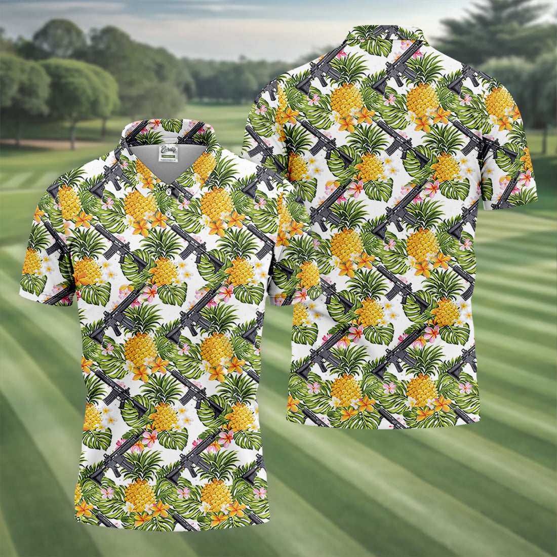 Tropical Pineapple Rifle Golf Shirt, Hawaiian Tactical Print, Golf Shirts For Men