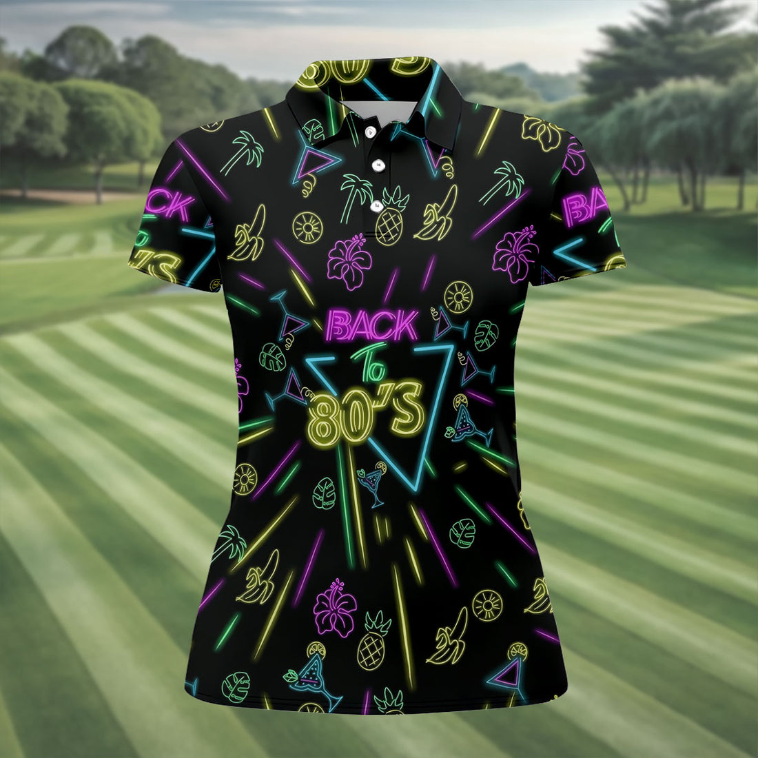 Back To 80's Neon Pattern Hawaiian Golf Shirt, Tropical Vibe Golf Shirt For Women