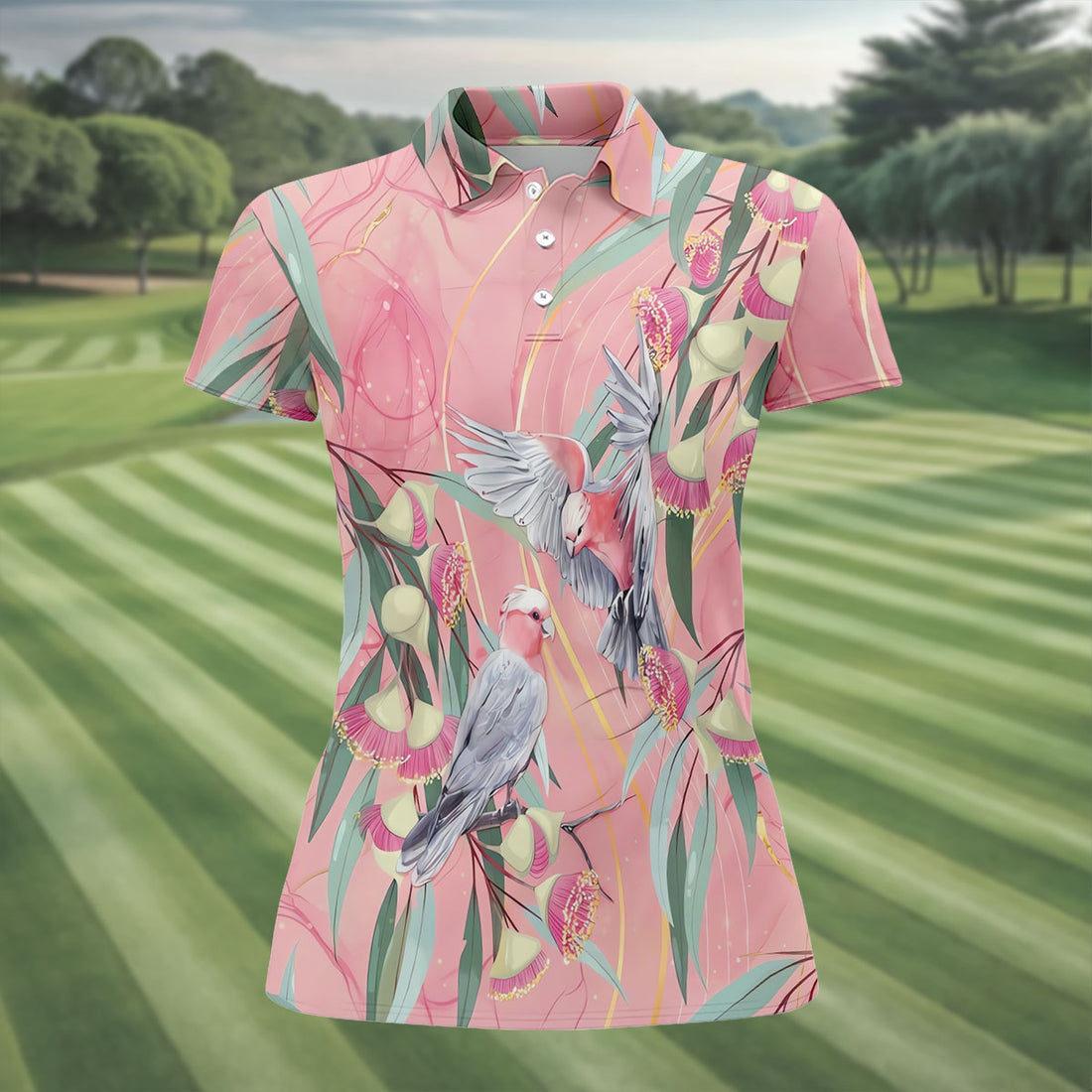 Pink Cockatoo Eucalyptus Floral Polo Shirt, Hawaiian Golf Shirt, Golf Tops For Women