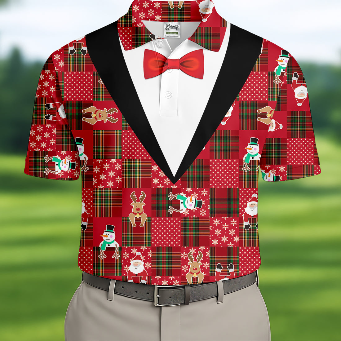 Red Plaid Funny Holiday Vintage Print Men's Golf Polo Shirts, Christmas Golf Shirt, Golf Gift For Men