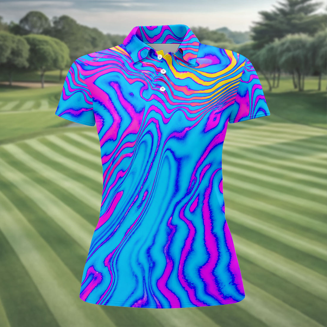 Neon Psychedelic Zebra Pattern Vintage Hawaiian Golf Shirt, Women's Golf Tops, Ladies Golf Shirts
