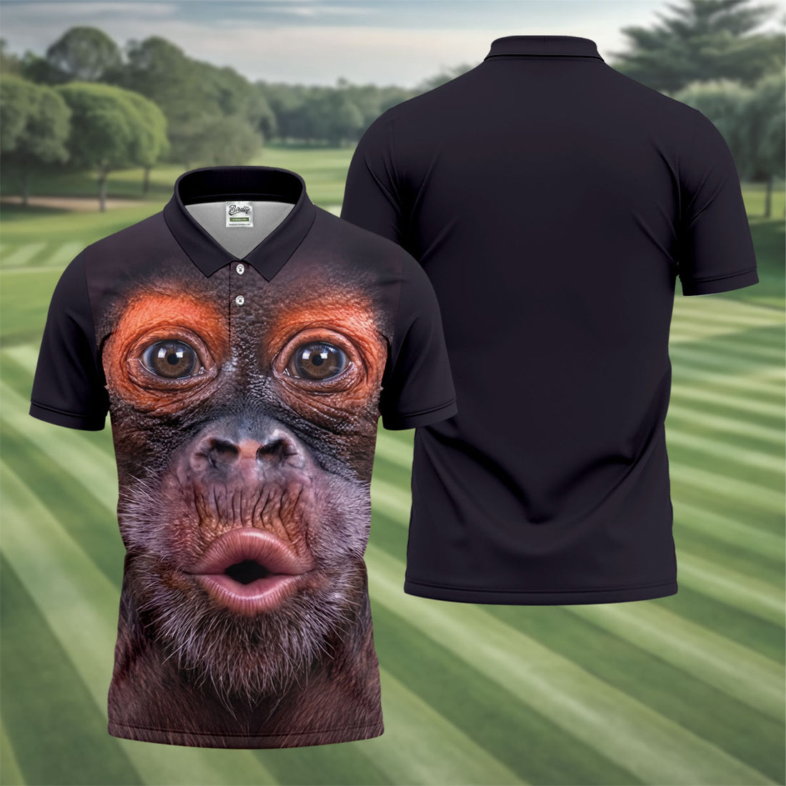 Funny Monkey Face Closeup Print Hawaiian Golf Polo, Golf Tops For Men, Golfing Apparel