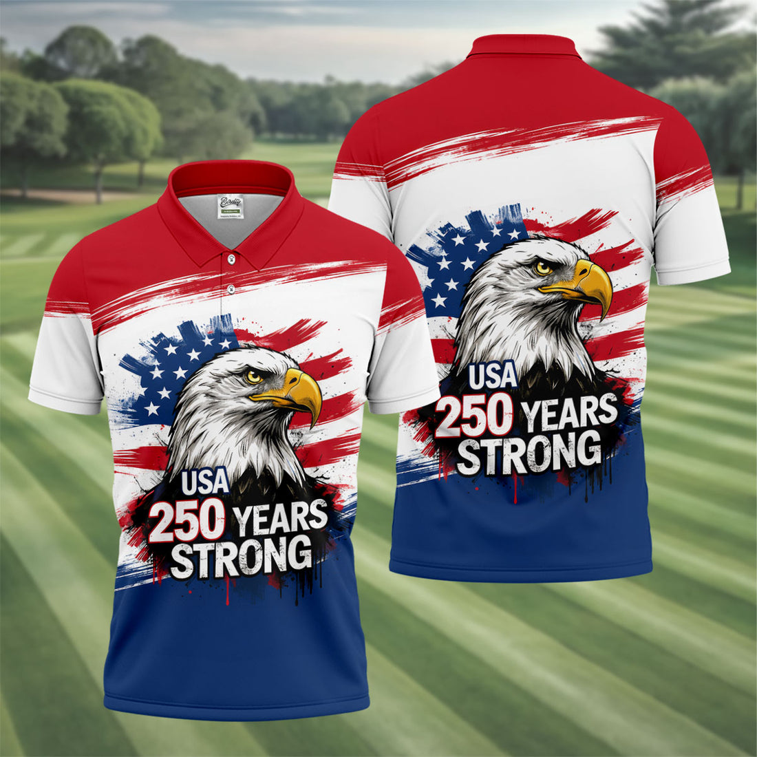 Bald Eagle USA 250 Years Strong Men's 250 Years USA Patriotic Golf Shirt, 4th of July Golf Shirt