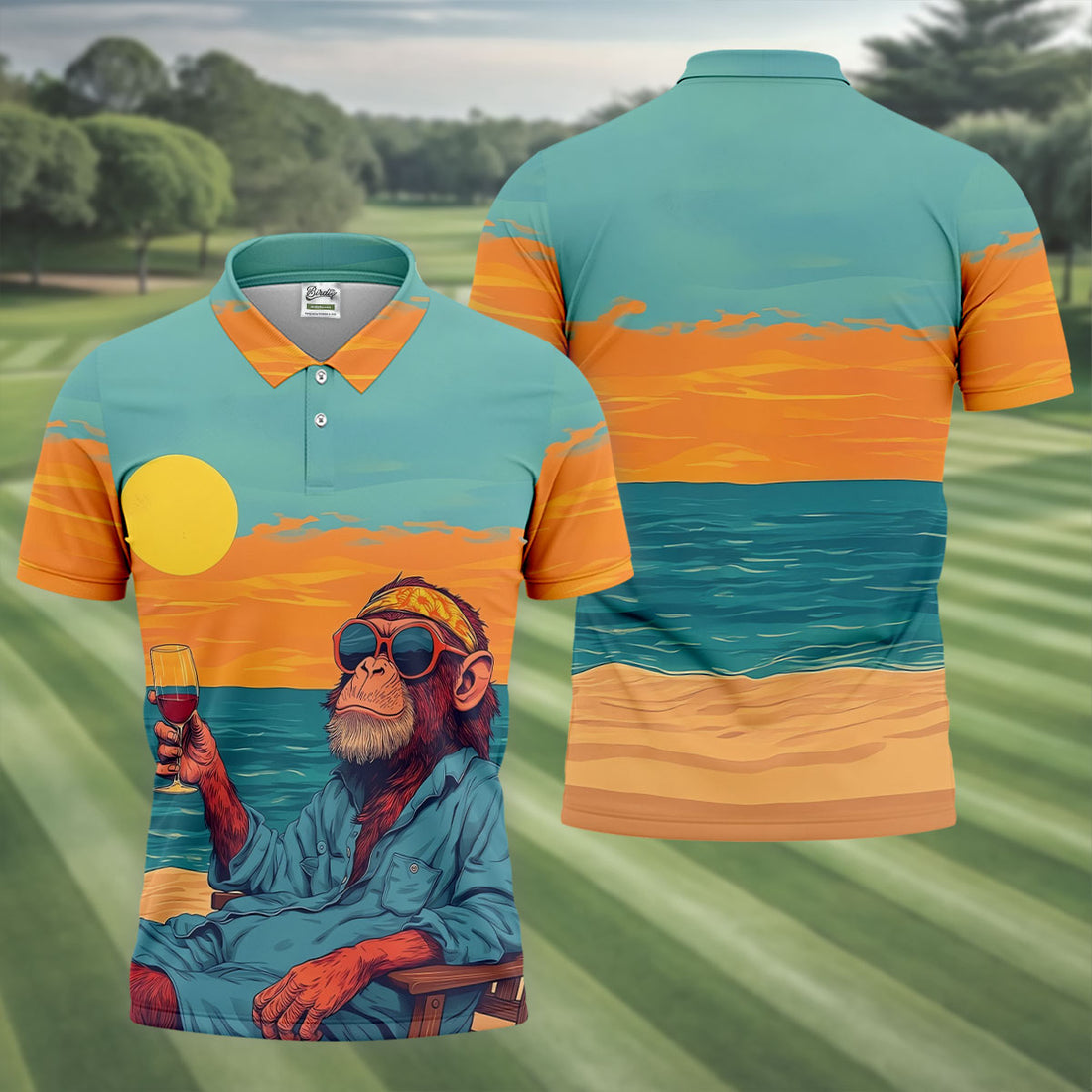 Monkey Gentleman Sunset Coast Hawaiian Golf Shirt, Men's Golf Shirt, Polo Shirts For Men