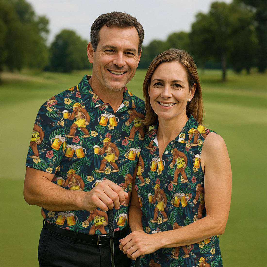 Funny Sasquatch Holding Beer Mugs Hawaiian Golf Polo, Golf Tops For Women, Golfing Apparel