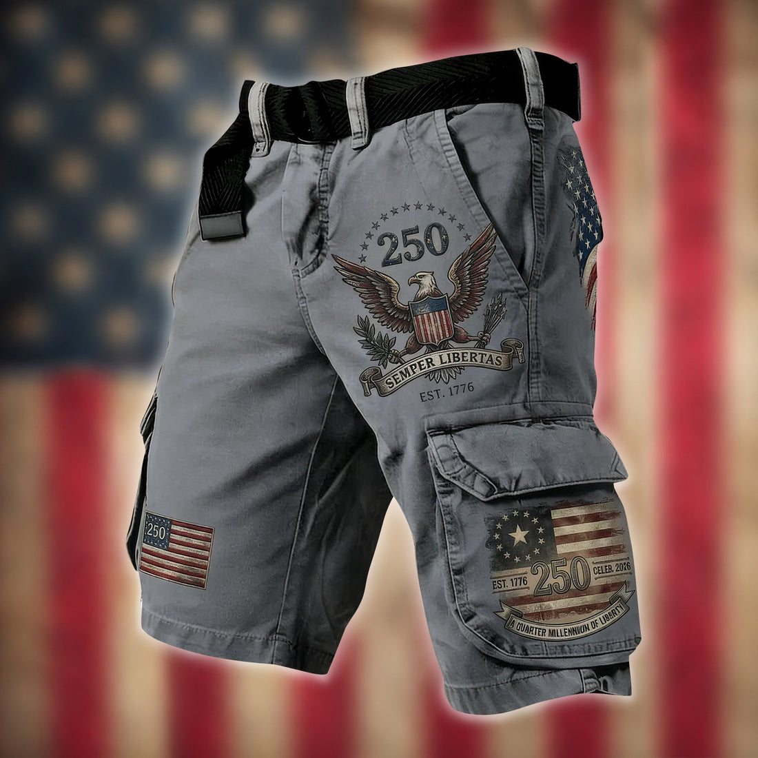 Bald Eagle USA Flag Pattern Grey Cargo Shorts, Golf Shorts For Men, 250th Anniversary Short Pants