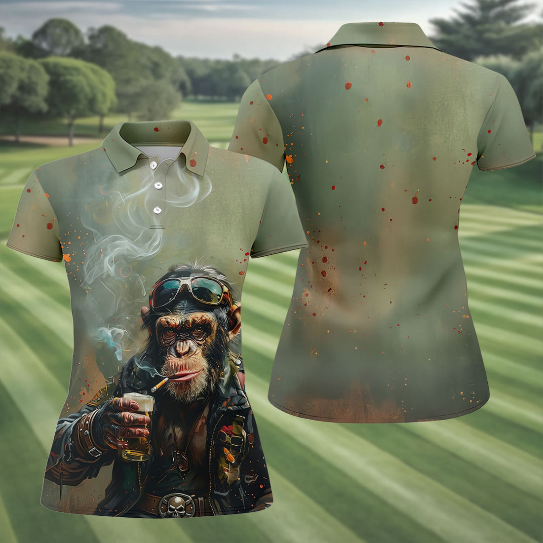 Monkey Outlaw Whiskey Ride Hawaiian Golf Shirt, Women's Golf Tops, Ladies Golf Shirts