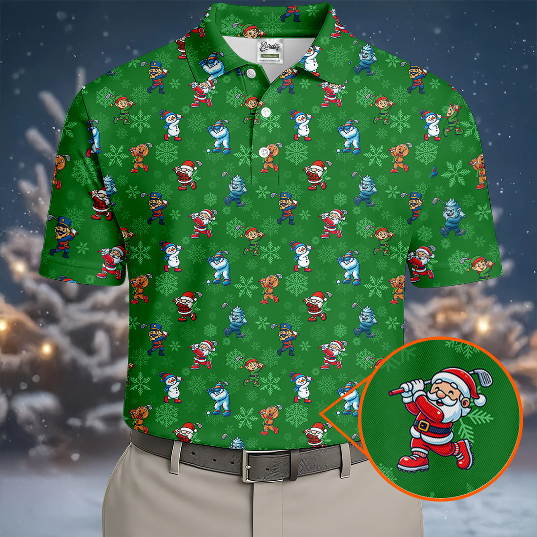 Funny Christmas Characters Golf Pose Green Golf Shirt, Christmas Golf Shirt, Polo Shirts For Men