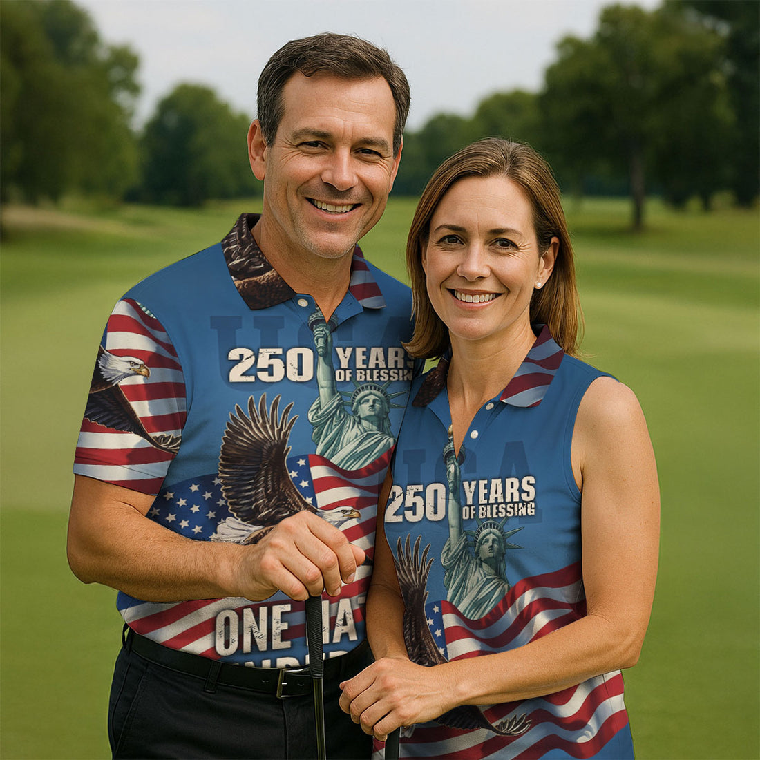 America 250 Years of Blessing Men's Polo Shirt, One Nation Under God Patriotic Golf Shirt, Bald Eagle Statue of Liberty 4th of July Polo