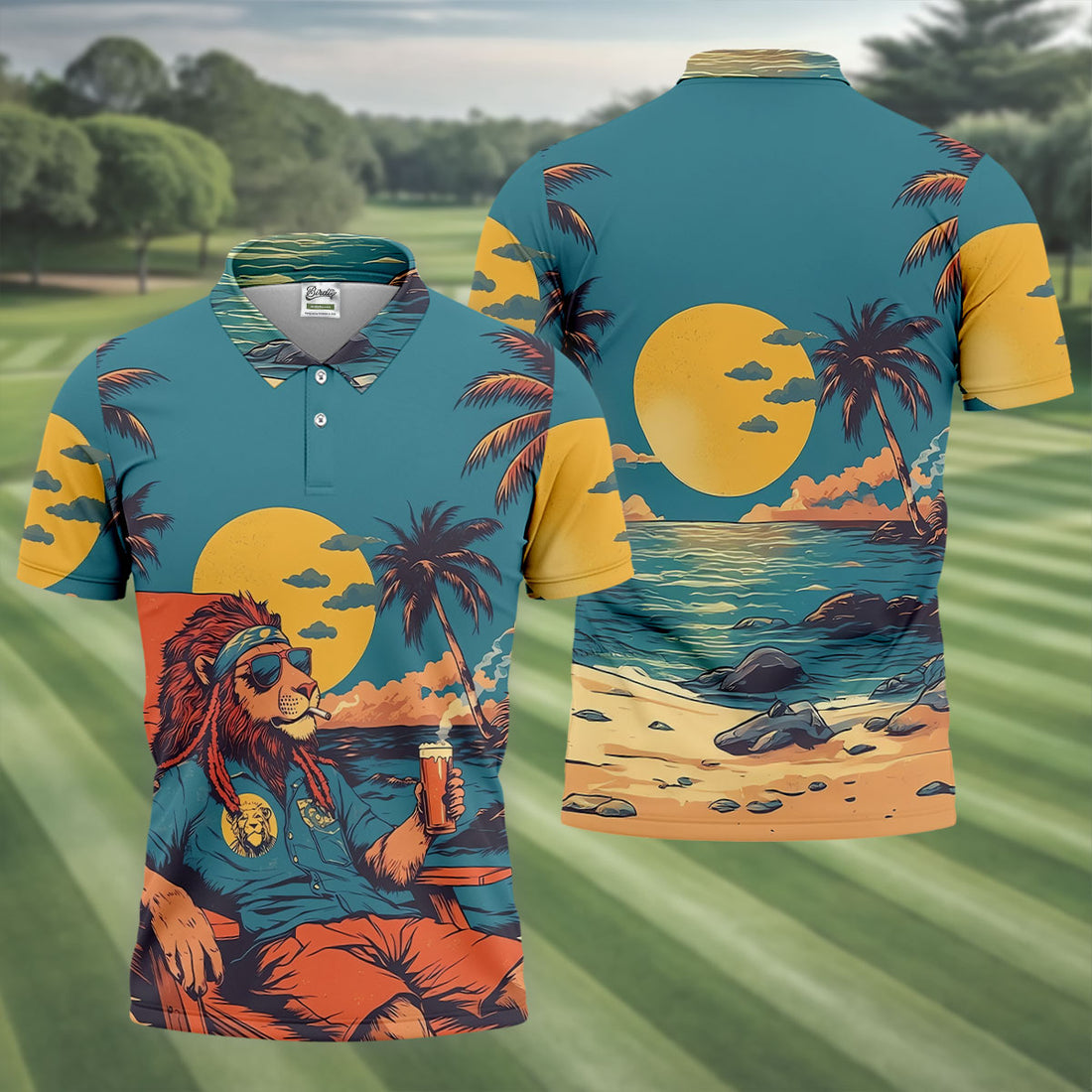 Beach Vibes Lion Sunset Teal Hawaiian Golf Polo, Golf Tops For Men, Golfing Apparel