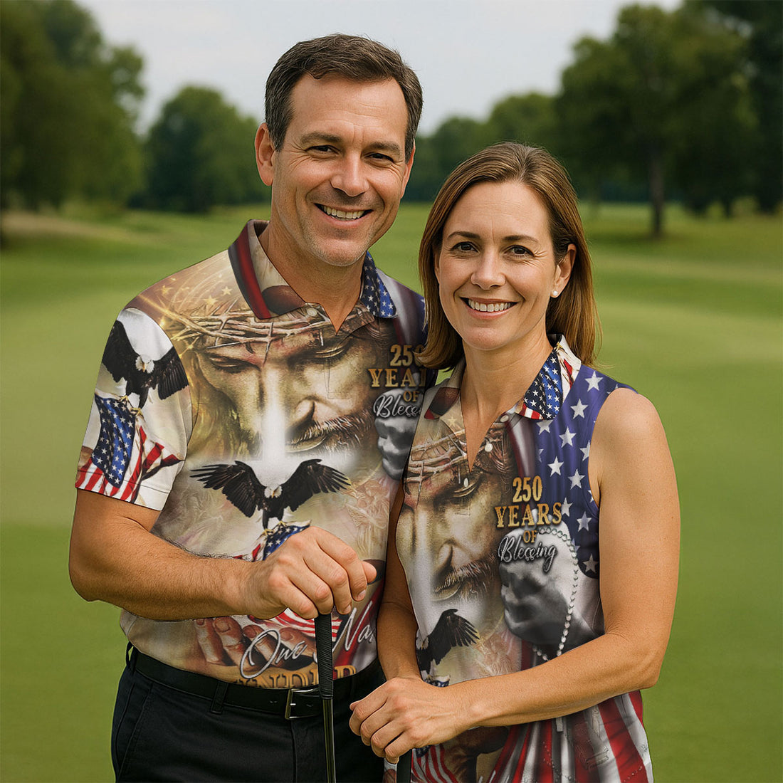 America 250 Years of Blessing Golf Shirt for Men, Jesus Crown of Thorns Bald Eagle US Flag Design, Patriotic One Nation Under God Golfing Apparel