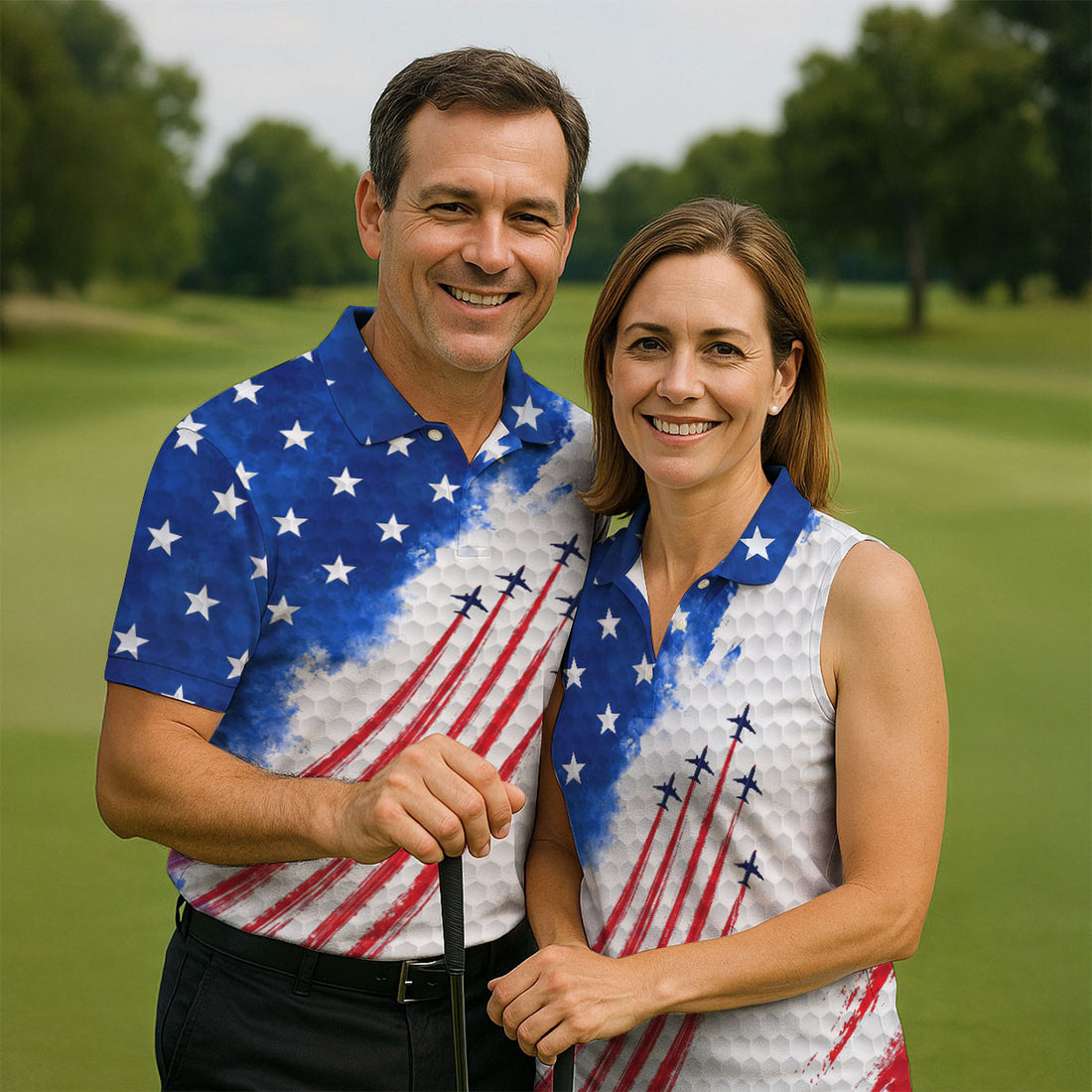 Patriotic Fighter Jet Men's Polo Shirt, American Flag Golf Shirt with Blue Angels Jet Trails, 4th of July USA Veteran Gift Men's Polo