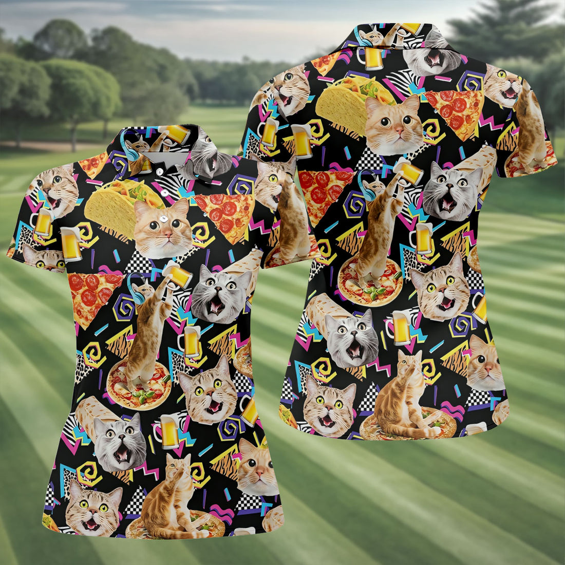 Retro Memphis Cats Enjoying Pizza, Beer Design Hawaiian Golf Polo, Golf Tops For Women, Golfing Apparel