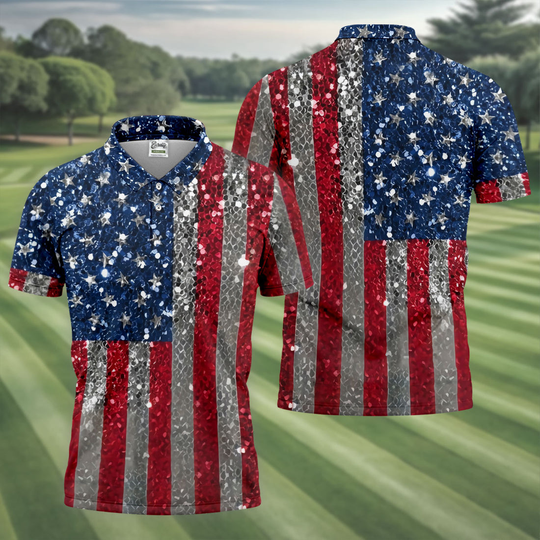 Glitter American Flag Men's 250 Years USA Patriotic Golf Shirt, 4th of July Golf Shirt
