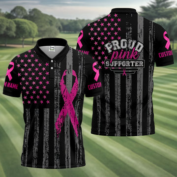 Custom Proud Pink Supporter Breast Cancer Men Polo Shirt, Mens Golf Polo, Awareness Golf Shirts