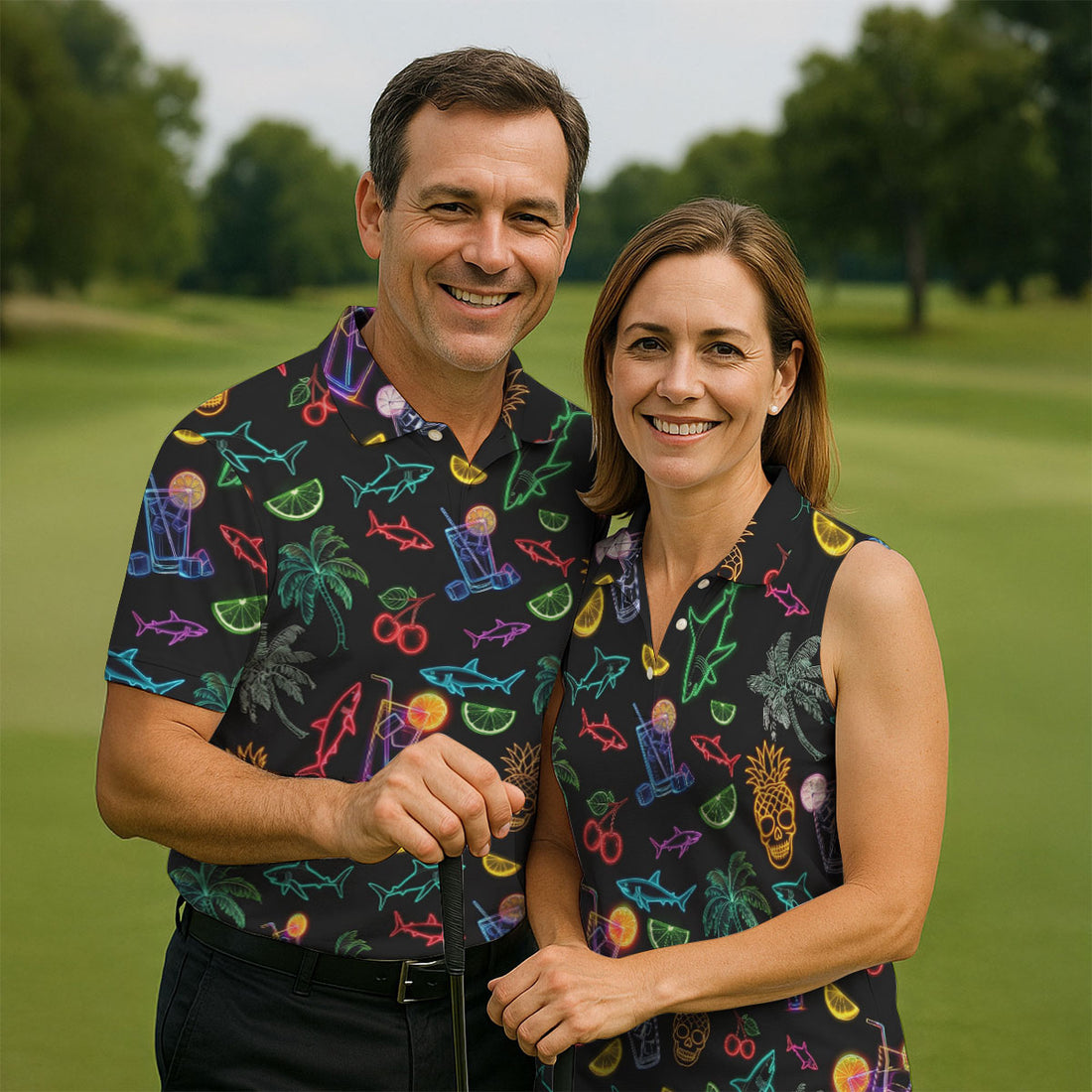 Neon Shark And Cocktail Pattern Hawaiian Golf Shirt, Men's Golf Shirt, Polo Shirts For Men