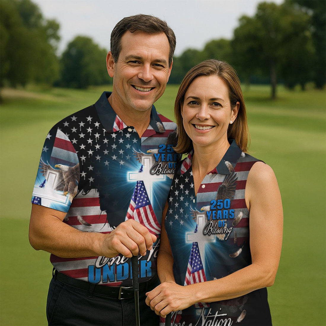 American Eagle And Flag One Nation Under God Golf Shirt Celebrating 250 Years Of Blessing Patriotic USA Apparel For Men
