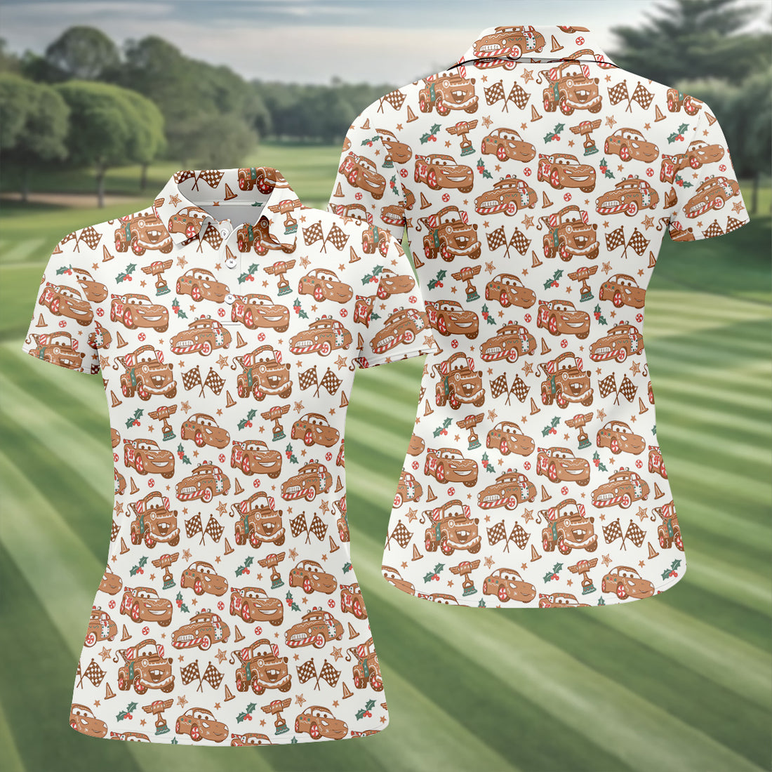 Funny Christmas Animation Car Women's Golf Shirts, Ladies Golf Tops, Golf Gifts For Women, Christmas Golf Shirt