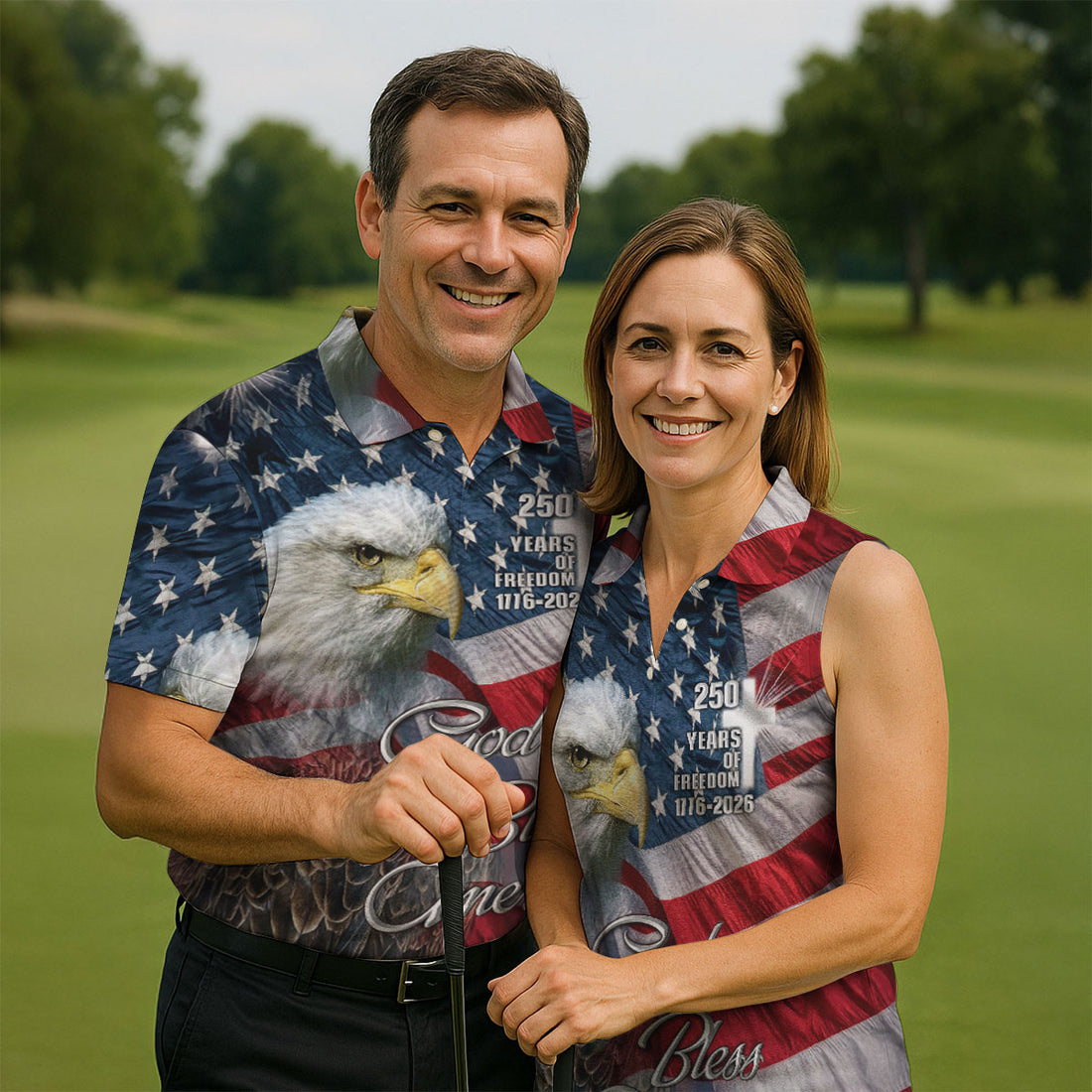 America 250 Years of Freedom Men's Polo Shirt, God Bless America Christian Golf Shirt, Patriotic Bald Eagle US Flag 4th of July Polo