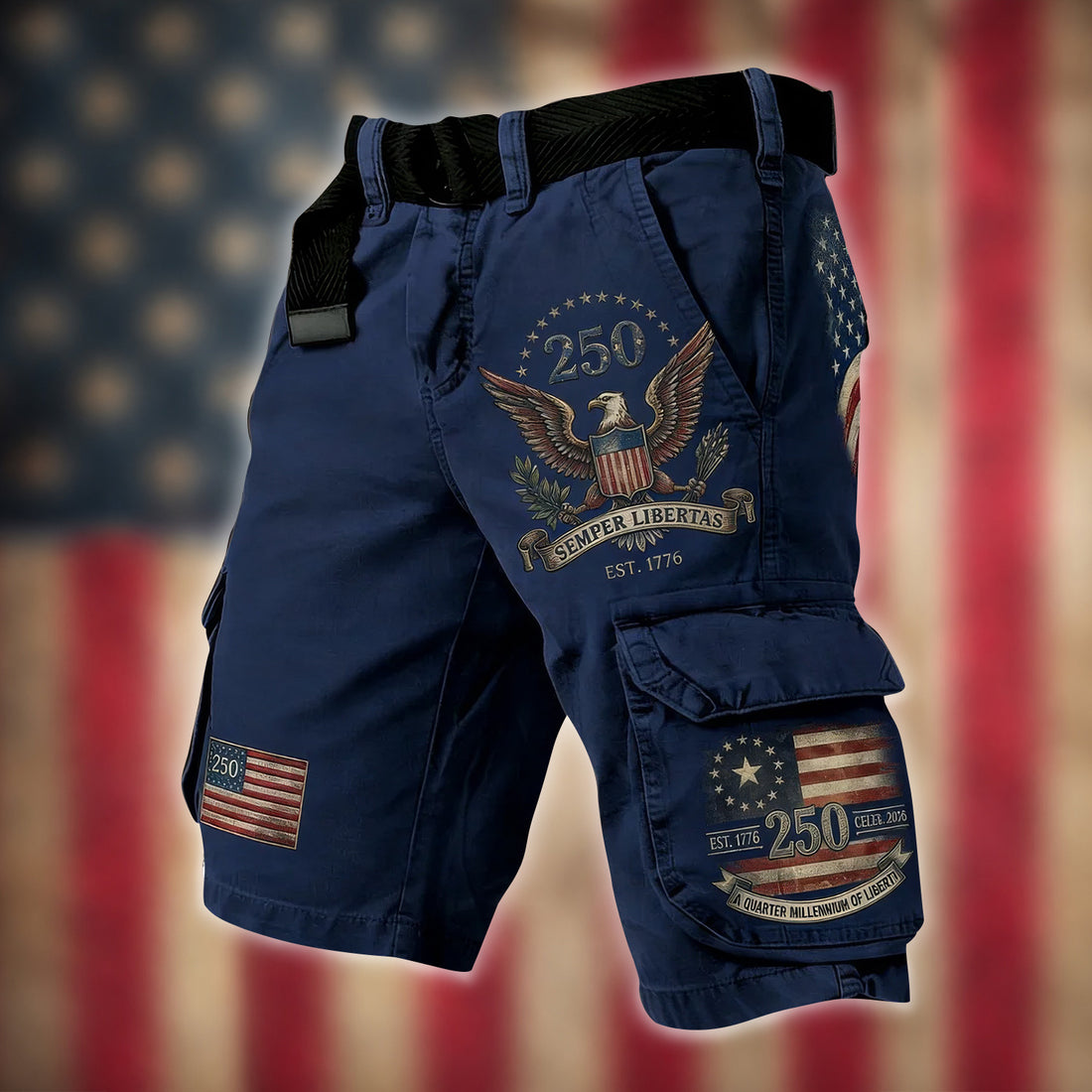 Bald Eagle USA Flag Pattern Blue Cargo Shorts, Golf Shorts For Men, 250th Anniversary Short Pants