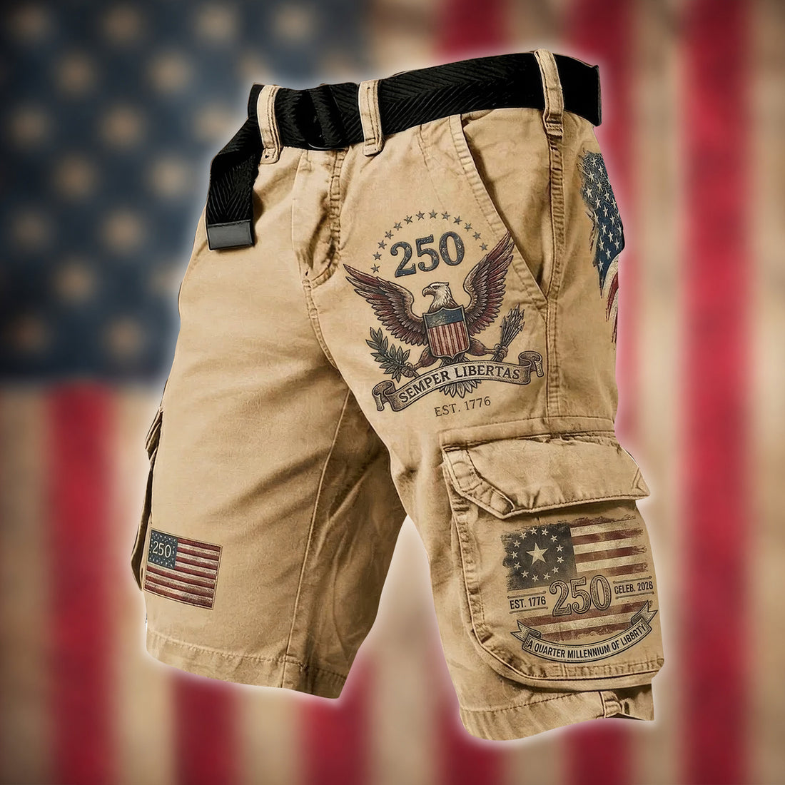 Bald Eagle USA Flag Pattern Khaki Cargo Shorts, Golf Shorts For Men, 250th Anniversary Short Pants
