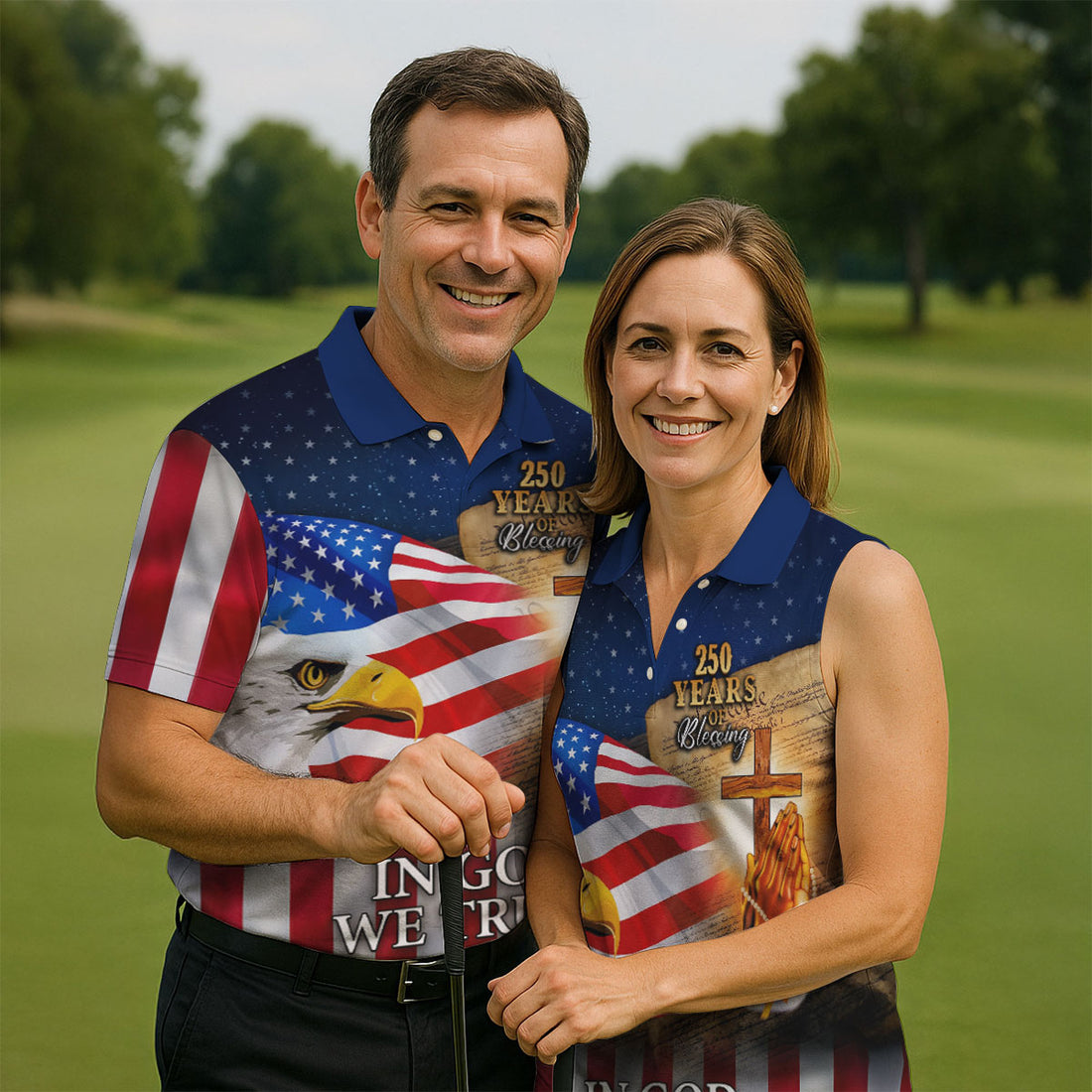 In God We Trust 250 Years Of Blessing American Flag Eagle Christian Patriotic Golf Shirt USA 250th Anniversary Gift For Men