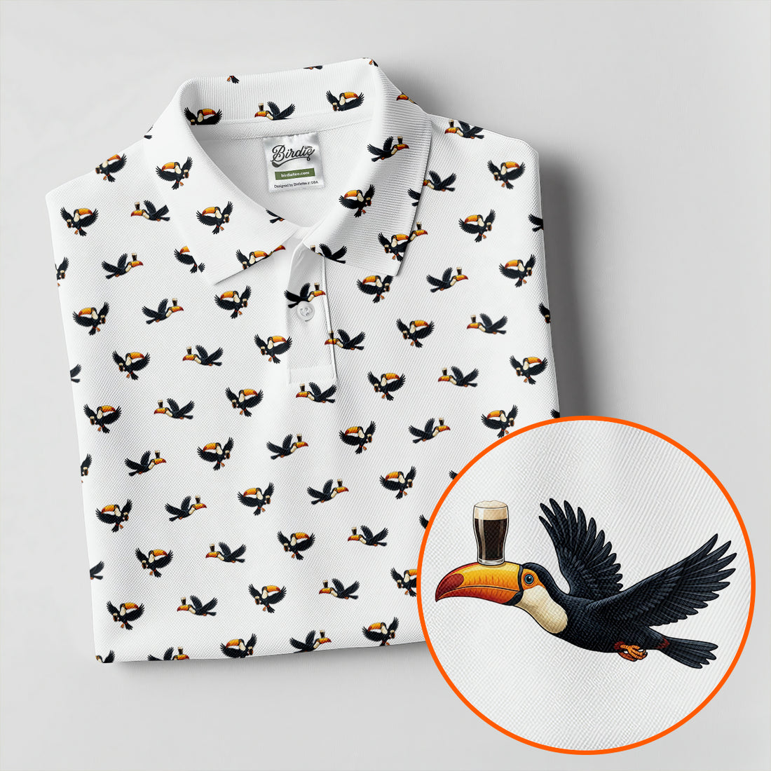 White Funny Toucan Beer Golf Polo Shirt, Men's Golf Apparel, Printed Golf Shirts