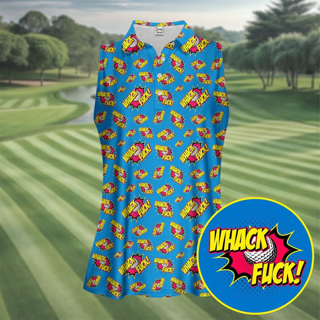 Whack F*ck Comic Golf Ball Pattern Golf Shirt, Women's Golf Tops, Golf Shirts For Women