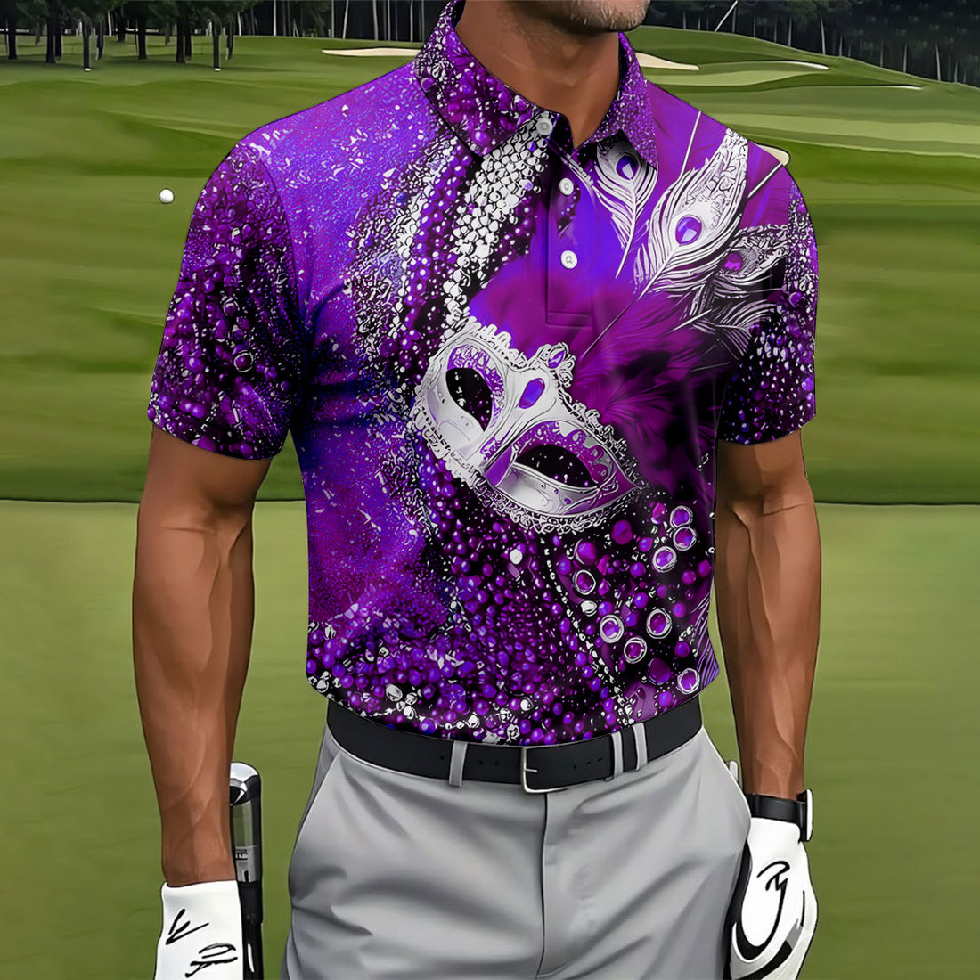 Mardi Gras Masquerade Mask Feather Beads Purple Golf Shirt, Polo Shirts For Men, Golf Shirts For Men
