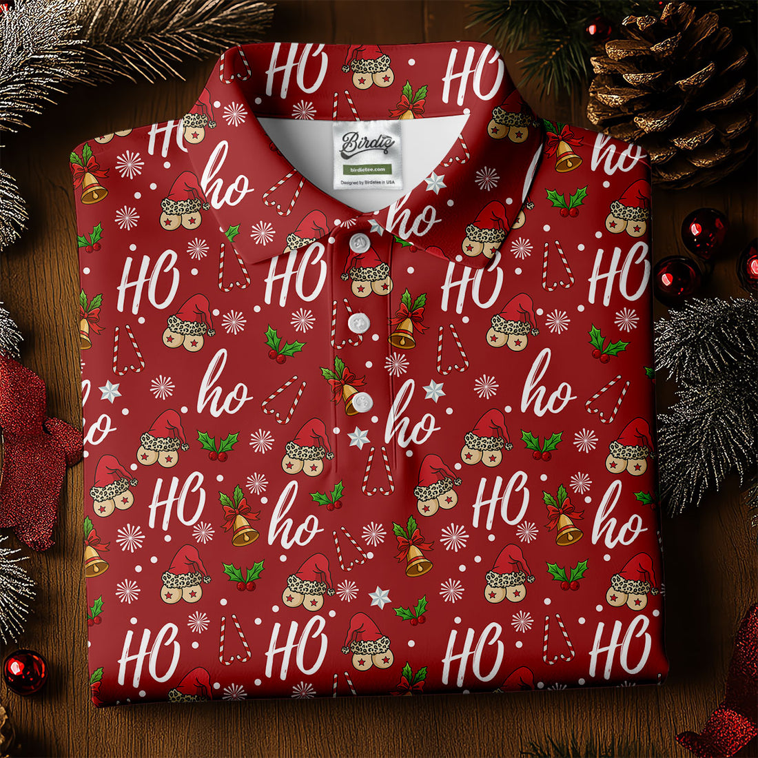 Funny Ho Ho Ho Naughty Tits Christmas Golf Shirt, Men's Funny Golf Shirts, Christmas Golf Gift
